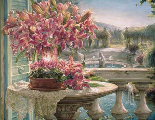 Grand bouquet de lys roses sur une terrasse
